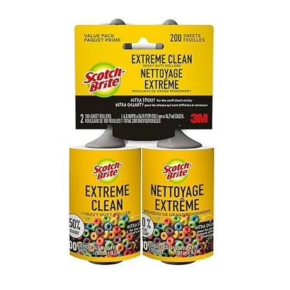 Scotch-Brite Extreme Clean Lint Roller, 50% Stickier*, Heavy Duty for Removing Debris and Pet Hair on Clothes, Furniture, Cars, Offices & More, 2 Pack, 200 Adhesive Sheets Total