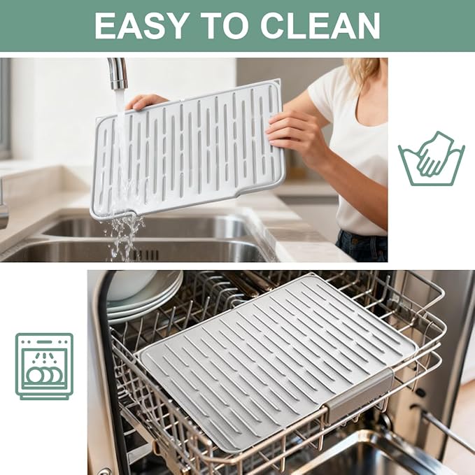 Silicone Kitchen Countertop Dish Drying Mat with Water Collection Tray Non-Slip Pad(Light Gris )