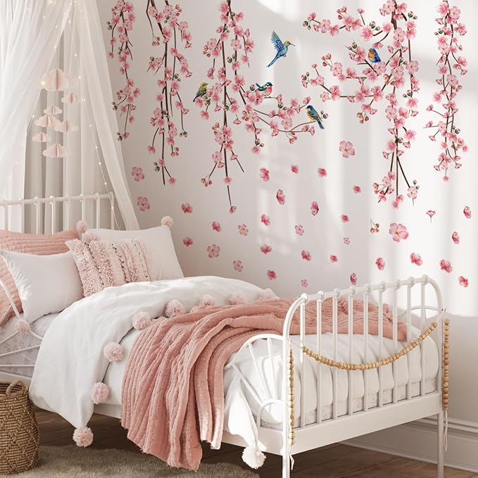 9 Sheets Cherry Blossom Decor Wall Decals Peel and Stick Pink Room Decor for Girls Bedroom Large Removable Wall Stickers & Murals Vinyl Car Decals for Women Living Room Office Vine Bird Art Clings