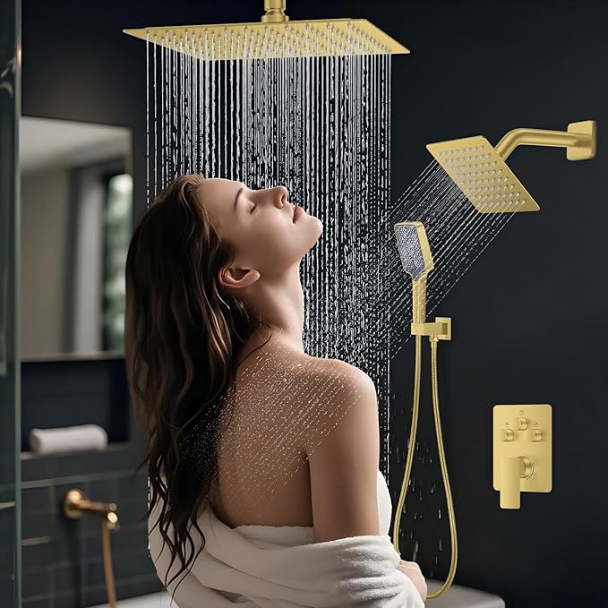 Shower Faucet Set,Brushed Gold Push Button Shower System with Rain Shower and Handheld,Gold Shower Faucet with Valve Ceiling Mount 12 Inch Shower Head and 6 Inch Shower Head with Handheld