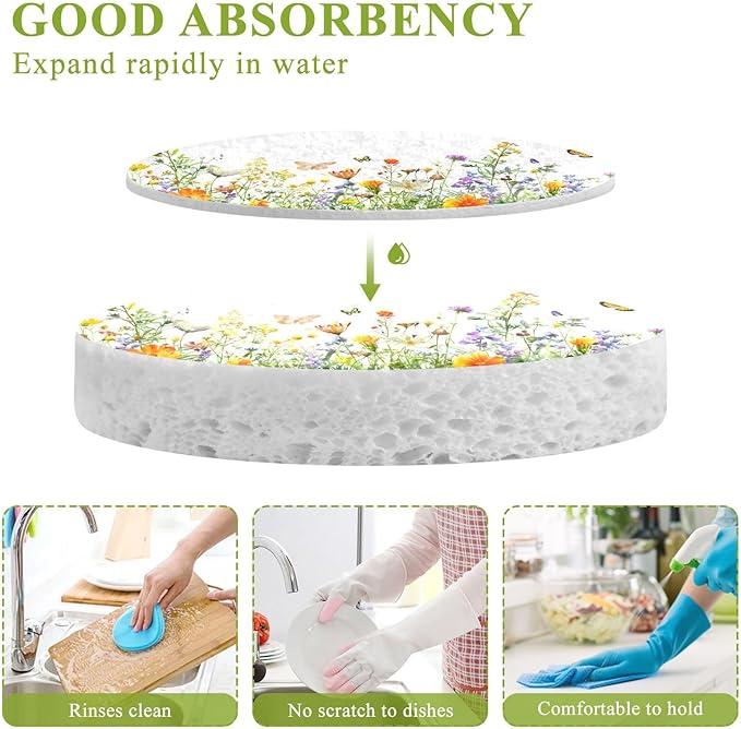 Wildflower Kitchen Scrub Sponges, Pop-up Kitchen Cleaning Sponges Reusable Dish Washing Sponges for Bathroom Household Cleaning 3 Pack - Non Scratch Scrubber
