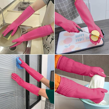 Reusable Rubber Cleaning Gloves - Waterproof, Non-Slip 15" Long Cuff Kitchen Gloves for Dishwashing, 3 Pairs (Yellow, Red, Green), Medium