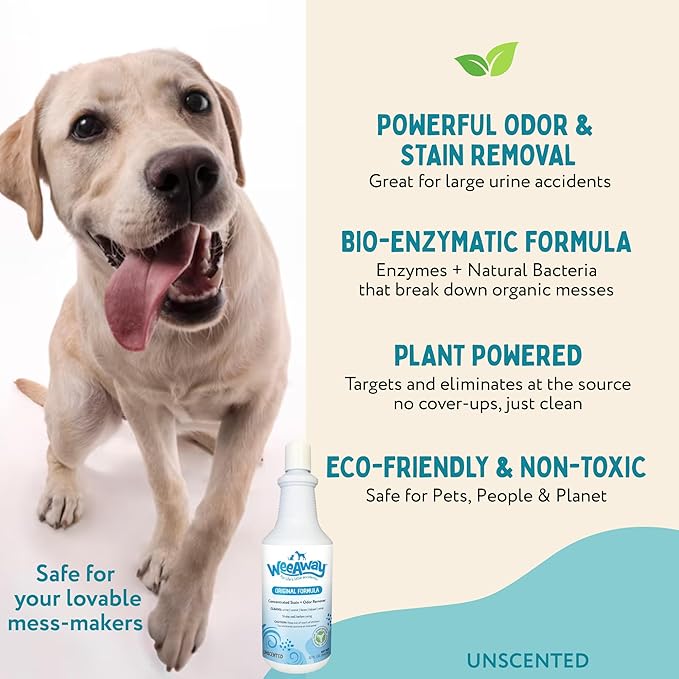Wee Away Pet Urine Stain & Odor Remover – Natural Enzymatic Cleaner for Puppy Potty Training, Dog Pee – Eliminates Odors at the Source – Unscented, 32 fl oz