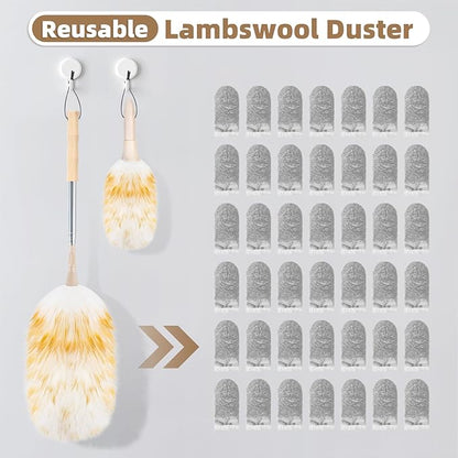 LOVECO Feather Duster for Cleaning, Extendable Lambswool Duster 29-49 Inch for Cleaning Fans, Ceiling, Includes: Sticky Hooks×2, Small Duster×1, Electrostatic Dusters Suitable for Office, Home, Car
