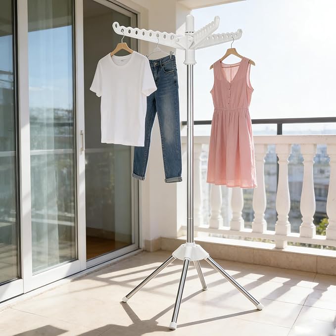 Rotatable and Foldable Clothes Drying Rack 59 Inch Laundry Drying Tree with 27 Hanging Holes, Space-Saving 4-Legged Free Standing Hanger Stand for Indoor, Balcony and Laundry Room