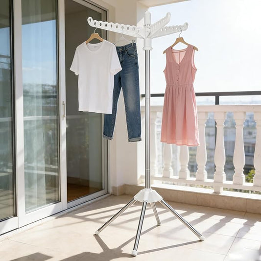 Rotatable and Foldable Clothes Drying Rack 59 Inch Laundry Drying Tree with 27 Hanging Holes, Space-Saving 4-Legged Free Standing Hanger Stand for Indoor, Balcony and Laundry Room