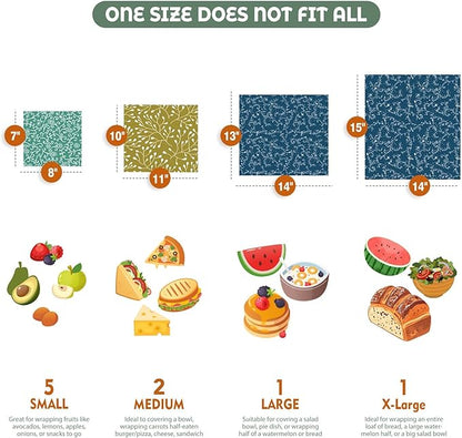 Akeeko Reusable Beeswax Food Wraps - Assorted 9 Packs, Reusable, Plastic-Free Food Storage, 5 Small, 2 Medium, 1 Large, 1 Extra Large Wraps with Abstract Curves Pattern