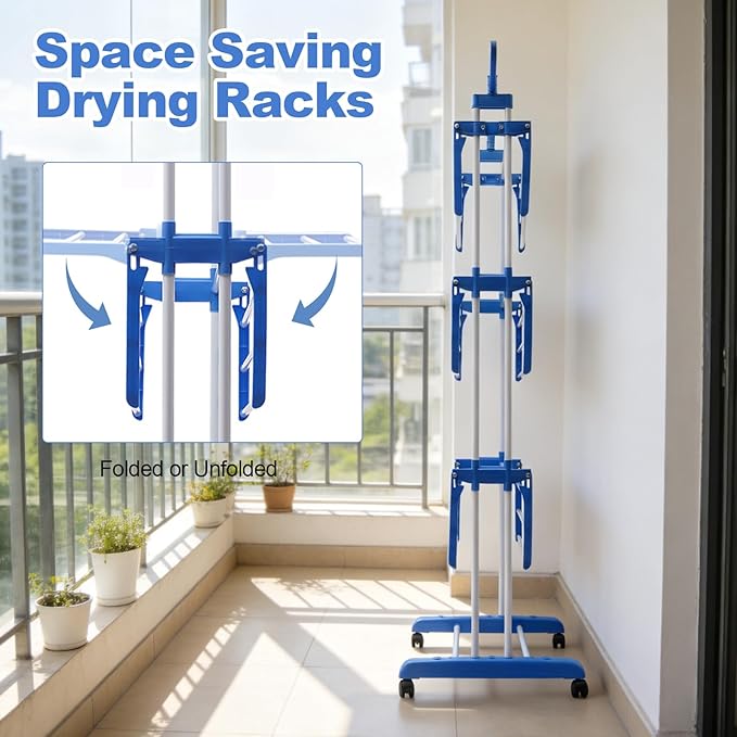 Foldable Clothes Drying Rack, 4 Tier Metal Clothes Rail with Wheels 7 Windproof Hooks Clothes Horses Rack Laundry Garment Dryer Stand with 2 Side Wings Indoor, Outdoor, Bedroom, Loft (Blue)