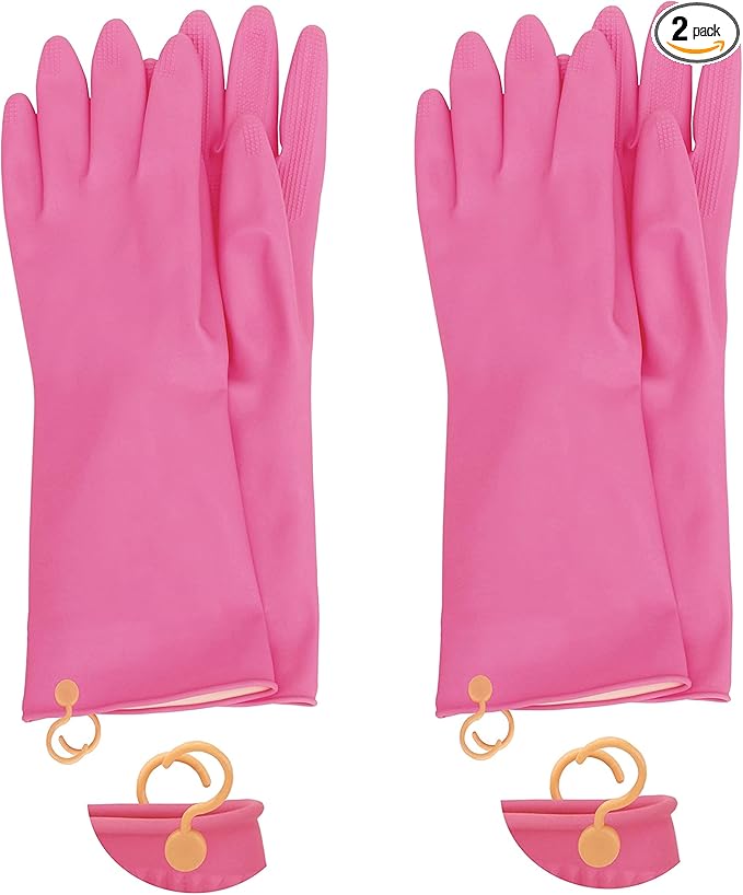 Myungjin 2 Pairs Reusable Waterproof Non-Slip Honeycomb Grip Latex Rubber Gloves with Hang-Dry Hooks/Hanging Loops for Dishwashing Household Cleaning Cooking (Small)