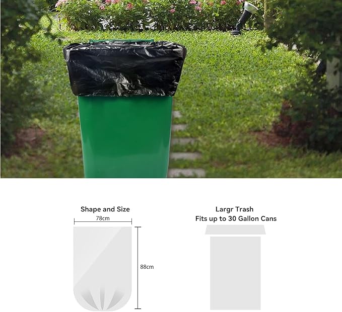 WAIKAS Trash Bag 30 Gallon, 10 Count, Big Garbage Bags, No Flaps/Ties,Thickness, 78x88cm,33.5g/pc, Unscented, Black