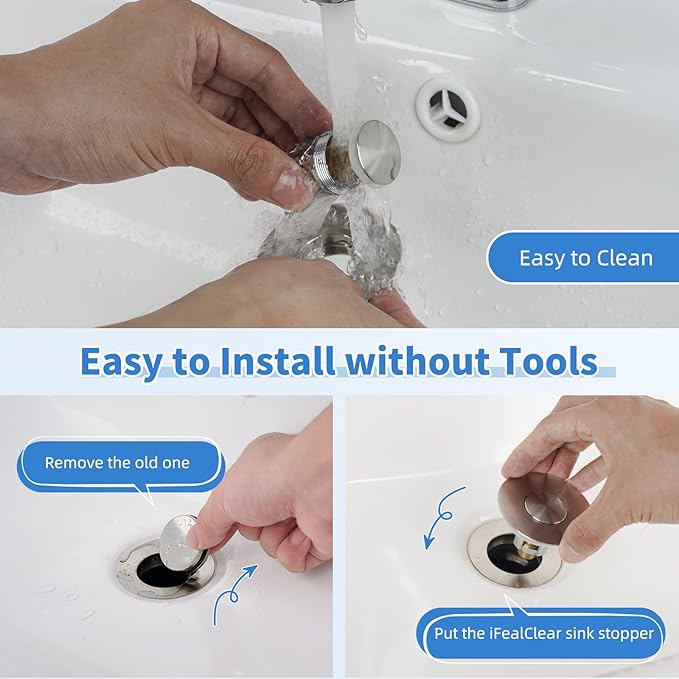 iFealClear 2 Pack Metal Universal Bathroom Sink Stopper, Upgraded Stainless Steel Sink Drain Strainer for 1.1''~2.36" Basin Pop Up Drain Strainer, Anti-Clogging Filter Basket, Brushed Nickel