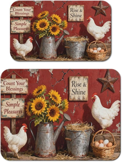 Dish Drying Mat for Kitchen Counter 2 Pack with Non-Slip Rubber Backing - Heat-Resistant Absorbent Coffee Bar Mat, Dish Rack Mat, Rooster Dish Drying Mats 18x24+19.5x12 inch