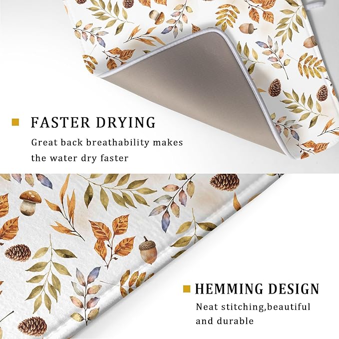Fall Leaves Pine Cones Mushroom Dish Drying Mat 18 x 24 Inch With Absorbent Reversible Microfiber Orange Autumn Leaf Thanksgiving Drying Mats Dish Drainer Mat Fast Dry For Kitchen Dining Room Decor