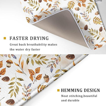 Fall Leaves Pine Cones Mushroom Dish Drying Mat 18 x 24 Inch With Absorbent Reversible Microfiber Orange Autumn Leaf Thanksgiving Drying Mats Dish Drainer Mat Fast Dry For Kitchen Dining Room Decor