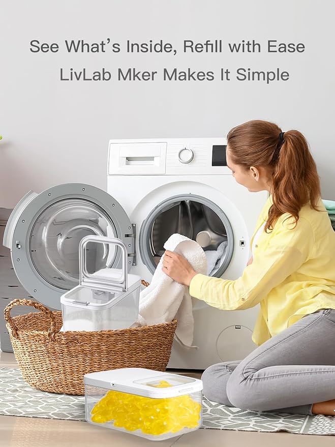LivLab Mker Laundry Detergent Dispenser with One-Press Lid,Clear PET Powder container with Measuring spoon, Pods container 6L/13Lbs/200oz(290 Pods)