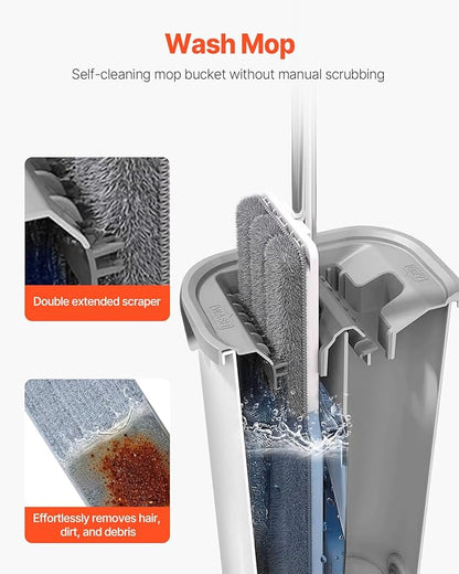 VEVOR Mop and Bucket with Wringer Set, Wet & Dry Use, Flat Mop and Bucket System with 3 Washable Microfiber Pads, Flat Mop with Stainless Steel Handle, Mop Bucket Set for Hardwood Tile Vinyl