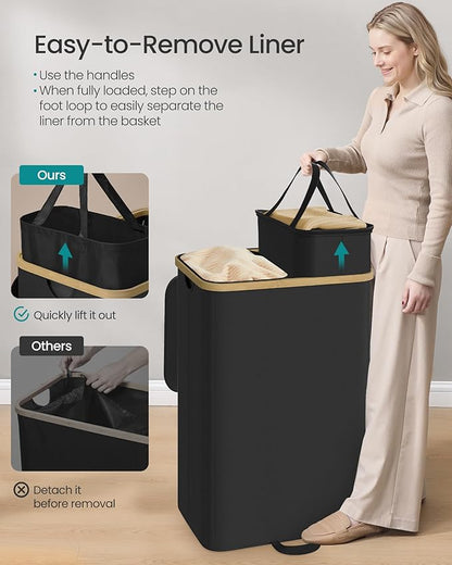 SONGMICS Laundry Hamper, Laundry Sorter with Lid, Storage Basket Bin, Removable Liners, Bamboo Frame, for Bedroom, 2 Sections, 39.6 Gal. (150 L), Ink Black ULCB532BH01
