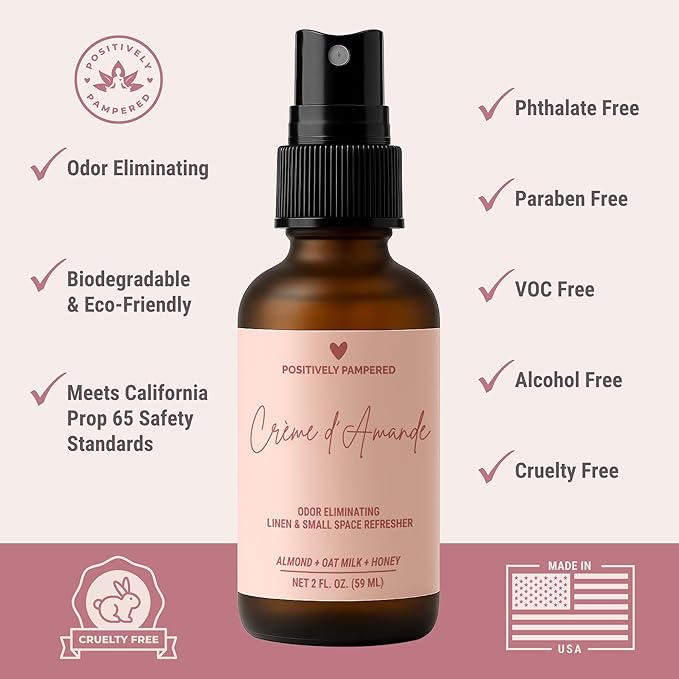 Crème d’Amande Luxury Small Space Air & Linen Freshener Spray - Almond + Oat Milk + Honey - Artisan Blended Home Fragrance - Non Toxic Room Spray + Odor Eliminator - 2 oz Travel Size
