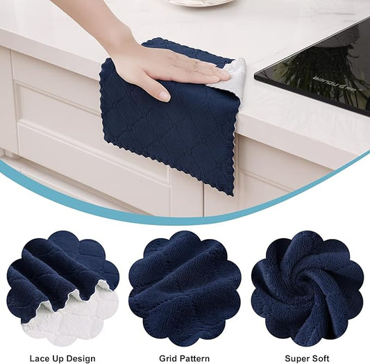 Homaxy 12 Pack Kitchen Cloths Dish Towels (10" x 10", Navy Blue & White), Super Soft and Absorbent Dish Cloths, Coral Velvet Microfiber Cleaning Cloth, Nonstick Oil Fast Dry Dishcloths