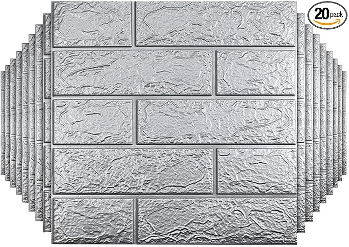 20 PCS Silvery 3D Wall Panels, 29 sq.feet Coverage, Printable Wallpaper Sticker with Self-Adhesive Waterproof Brick PE Foam Wall Panels Peel and Stick for Interior Wall Decor, Home Decoration