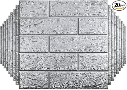 20 PCS Silvery 3D Wall Panels, 29 sq.feet Coverage, Printable Wallpaper Sticker with Self-Adhesive Waterproof Brick PE Foam Wall Panels Peel and Stick for Interior Wall Decor, Home Decoration