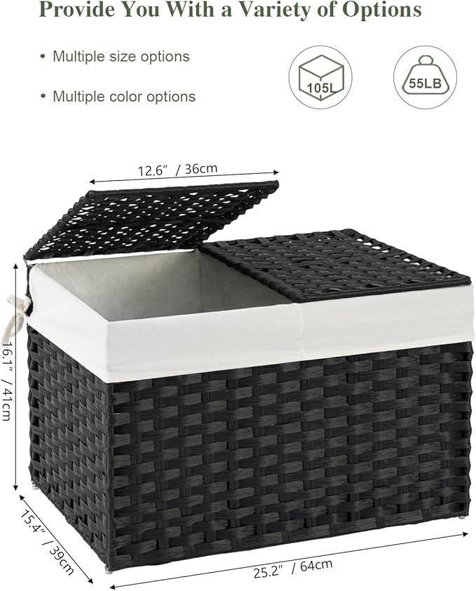 Storage Basket with Lid Rattan Storage Basket with 2 Separate Lid, 27.8 Gallon (105 L) 25.2 * 15.4 * 16.1 Inches Woven Wicker Baskets with 2 Liners and Handles for Bedroom Laundry Black