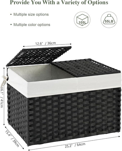 Storage Basket with Lid Rattan Storage Basket with 2 Separate Lid, 27.8 Gallon (105 L) 25.2 * 15.4 * 16.1 Inches Woven Wicker Baskets with 2 Liners and Handles for Bedroom Laundry Black