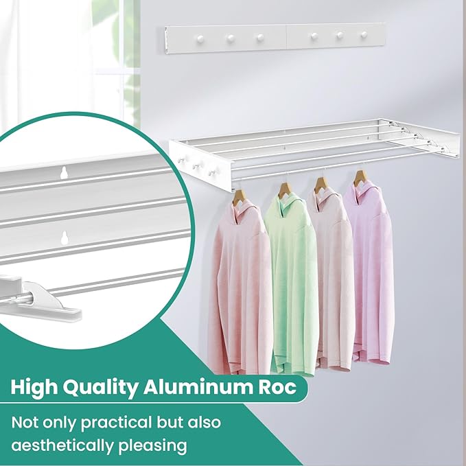 Upgrade 6 Knob Hooks Laundry Drying Rack Clothing, Wall Mounted Clothes Drying Rack 40" Wide, Large Foldable Collapsible Laundry Racks for Drying Clothes with Wall Template, 5 Aluminum Rods