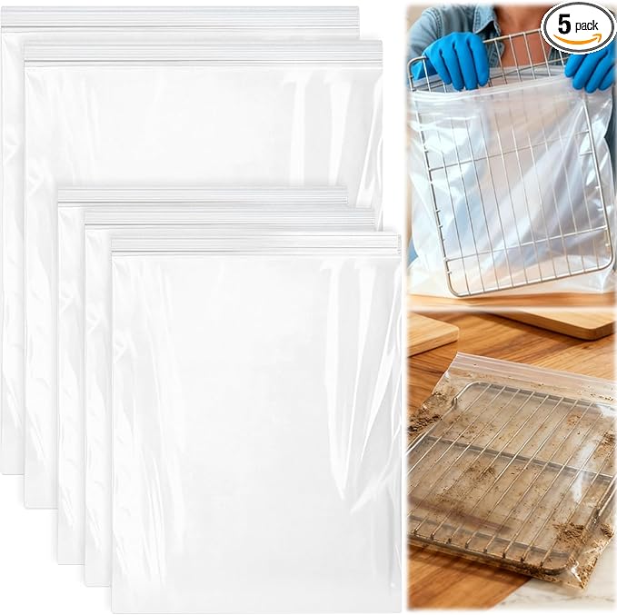 Palksky Oven Rack Cleaning Bags, Heavy Duty No Scrub Oven Rack Cleaning Bags, Reusable Leak-Resistant PE Bags for Deep Soaking Grill Grates, BBQ Racks, No Cleaner Included, 5 Pack