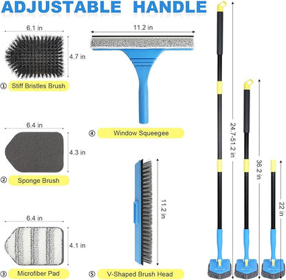Tile Tub Scrubber Brush with 5 Different Function Cleaning Heads and 51" Extendable Long Handle Non Scratch Shower Scrubber for Cleaning Bathroom Kitchen Toilet Wall Bathtub Sink