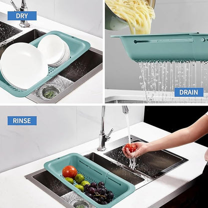LASSHSWA Collapsible Colander for Kitchen, Over the Sink Strainer Basket for Kitchen, Fruit Pasta Food Strainer Expandable Plastic Colander BPA Free (Turquoise Blue)