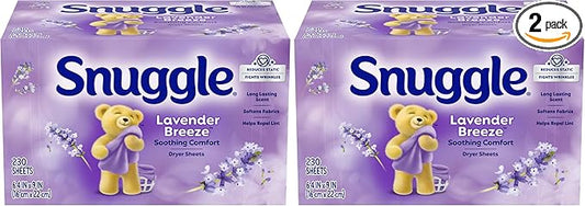 Snuggle Fabric Softener Dryer Sheets, Lavender Breeze Soothing Comfort, 230 Ct,Long-Lasting Clean Scent, Softens Fabric,Reduces Static, Fights Wrinkles, Helps Repel Lint & Pet Hair,HE Safe,(Pack of 2)