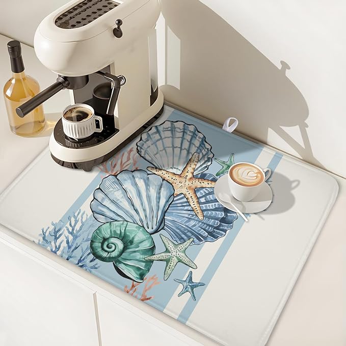 Summer Sea Shell Drying Mat 24x18 Inch, Starfish Drying Mat with Absorbent Reversible Microfiber, Coastal Dish Drainer Mats Holiday Ocean Rack Pad for Coffee Countertop Kitchen Protector