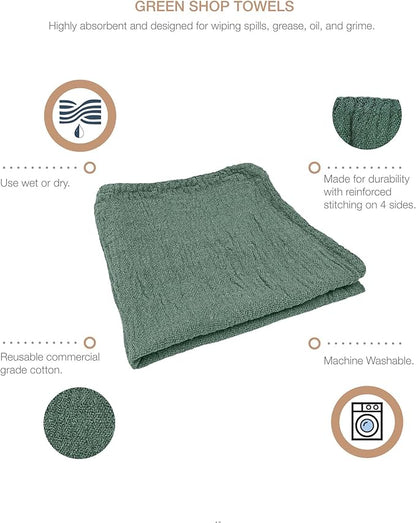 Detailer's Preference Absorbent Cotton Shop Towels, Reusable Cleaning Rags for Auto, Garage, Home, Kitchen, Industrial Use, Wipe Spills, Grease, Oil, Grime, Dirt & More, 11x12, 50-Pack, Green