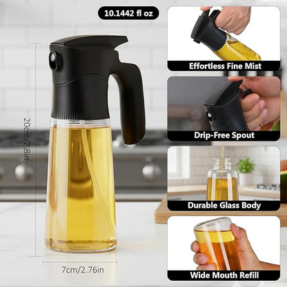 NYXVAULT，A 300ml glass olive oil spray bottle, with precise dosage control, works as a practical kitchen，air fryer tool for salads, frying, grilling (Black)