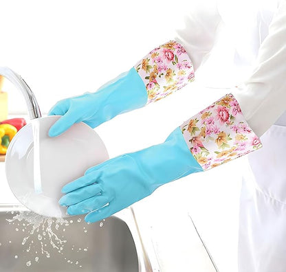KINGFINGER Dishwashing Cleaning Gloves, 2 Pairs Reusable Rubber Gloves PVC Latex-Free Waterproof Long Cuff and Flock Lining Household Cleaning Glove(Blue + Purple)