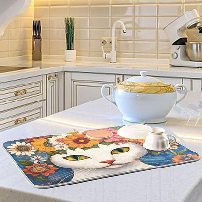 White Cat Colorful Flowers Pattern Dish Drying Mat for Kitchen Counter Super Absorbent Drying Mat 18x24 inch Large Dish Drying Matts for Countertop Protector Dishes Pad