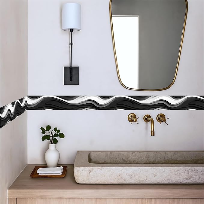 Black and White Wave Wallpaper Border 196x4 Inch Peel and Stick Wall Border Self Adhesive Modern Wall Trim Borders Removable for Kitchen Bathroom Bedroom Living Room Home Decor