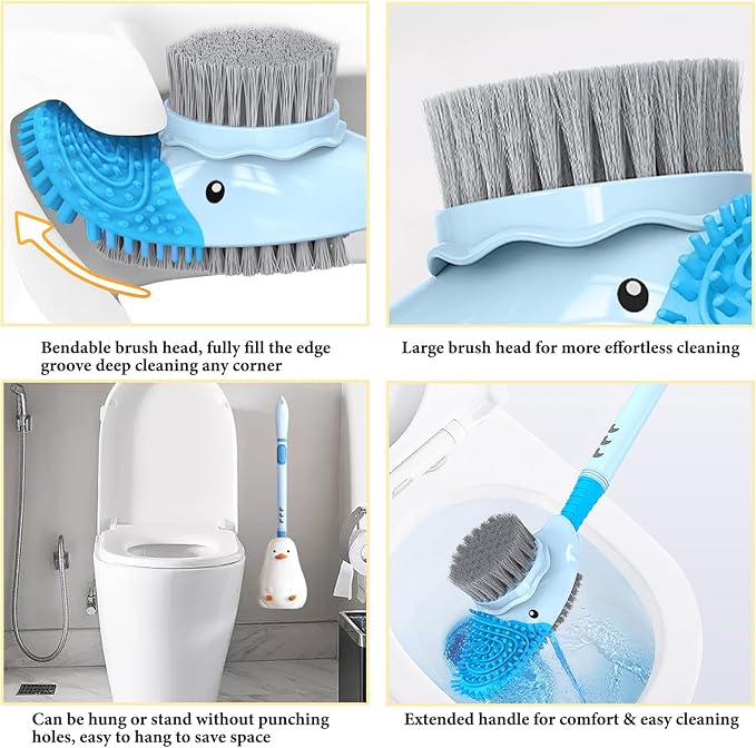 Silicone Toilet Brush with Holder, 16.7inch Cute Duck Toilet Brush with Refillable Liquid Handle, Three-Sided Brush Toilet Cleaning Brushes for Bathroom Deep Cleaning, Standard, Blue