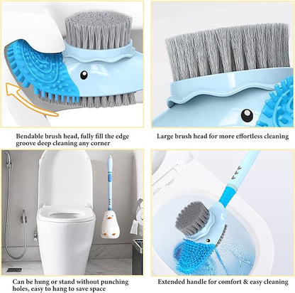 Silicone Toilet Brush with Holder, 16.7inch Cute Duck Toilet Brush with Refillable Liquid Handle, Three-Sided Brush Toilet Cleaning Brushes for Bathroom Deep Cleaning, Standard, Blue