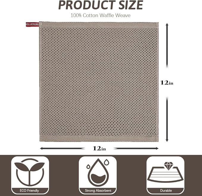 Nialnant 100% Cotton Dish Cloths for Washing Dishes, 4 Pack Waffle Weave Dish Towels,Super Soft Absorbent Cleaning Rags-Brown,12x12 Inch
