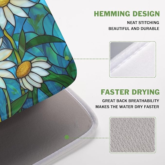 Daisy Drying Mat 18x16 Inch, Summer Spring Drying Mat with Absorbent Reversible Microfiber, Rustic Flowers Dish Drainer Mats Floral Rack Pad for Coffee Countertop Kitchen Protector