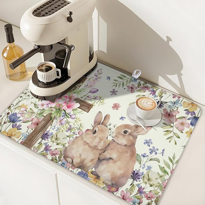 Easter Bunny Dish Drying Mat 18 x 24 Inch Rabbit Dish Drainer Rack Mat Colorful Floral Mat Absorbent Microfiber for Holiday Kitchen Coffee Dining Bar Decor