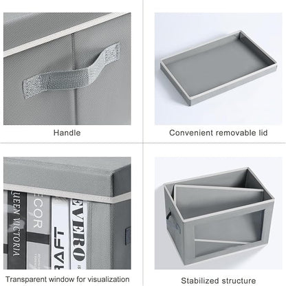 Decorative Bins with Lids - Stackable Cube Bins for Closet, 3 Pack Clear Windows Fabric Organizer Bins, Home Organizers and Storage for Clothes, CD, Towels, Grey