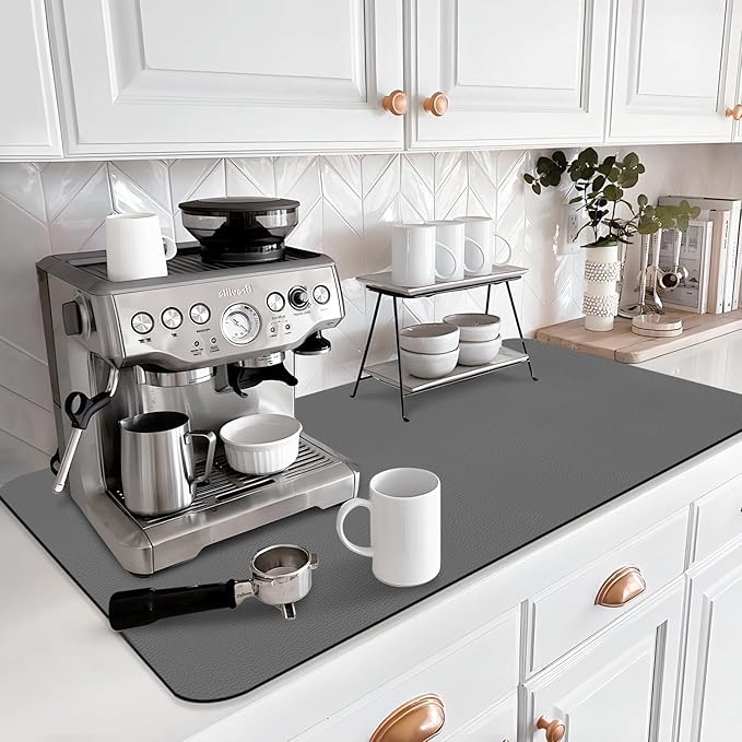 LOPNUR Kitchen Dish Drying Mat, 31.5"x17" Extra Large Dish Drying Mats for Kitchen Counter, Diatomite Coffee Mat, Super Absorbent Dish Drying Pad, Heat Resistant Mat with Anti-slip Rubber Backed, Grey