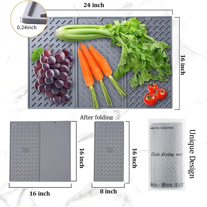 Dish Drying Mat, Silicone Drying Mat for Kitchen Counter, Collapsible Trifold Large Silicone Drying Mat, Dish Pads for Drying Multiple Usage, Easy Clean, Heat-Resistant, BPA Free(24×16in)