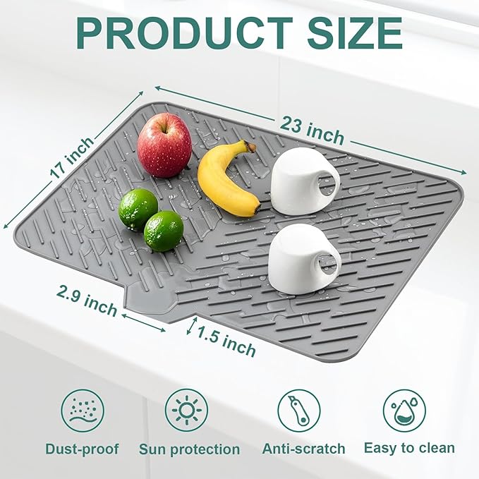 Silicone Dish Drying Mat 23x17 Multiple Usage,Easy clean,Eco-friendly,Heat-resistant Silicone Mat Dish Drying Mats For Kitchen Counter or Sink,Refrigerator or Drawer liner Gray 23inchx17inch