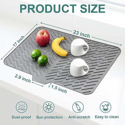 Silicone Dish Drying Mat 23x17 Multiple Usage,Easy clean,Eco-friendly,Heat-resistant Silicone Mat Dish Drying Mats For Kitchen Counter or Sink,Refrigerator or Drawer liner Gray 23inchx17inch