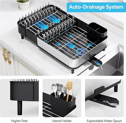 Urackify Dish Drying Rack, 304 Stainless Steel Dish Drainer with Removable Utensil Holder & Drain Board, Rustproof Space-Saving Dish Rack for Kitchen Countertop, Black