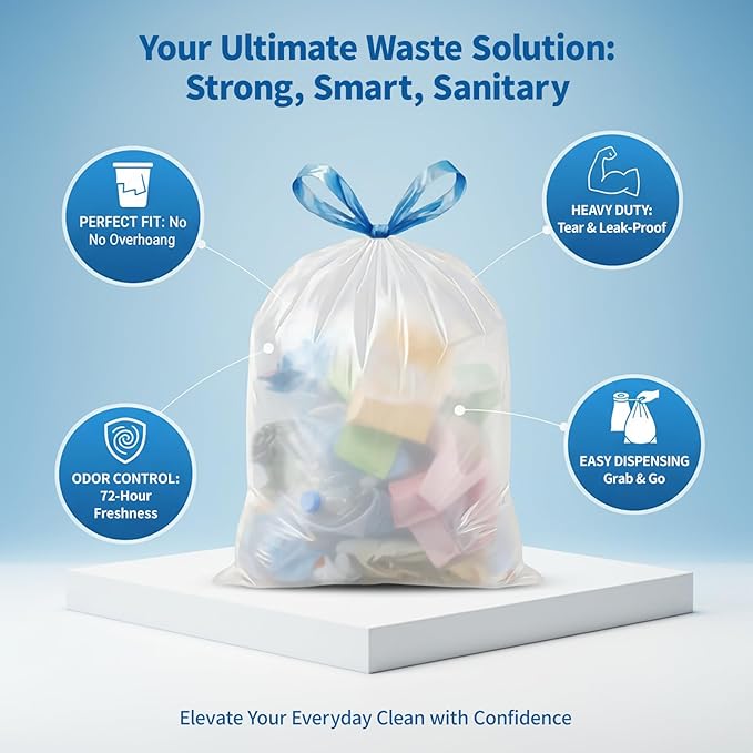 150 Count 3 Gallon Small Trash Bags Drawstring - 0.96 Mil White Garbage Bags Unscented for Bathroom, 12 Liter Strong Plastic Wastebasket Bin Liners for Toilet Office and Bedroom